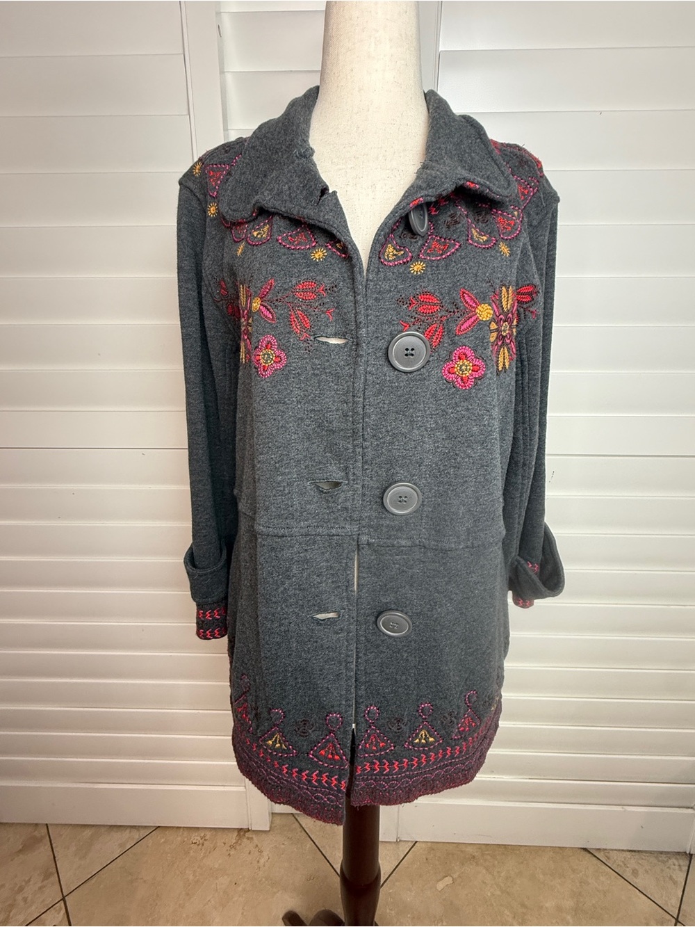 Johnny Was Gray Embroidered Button-Front Jacket